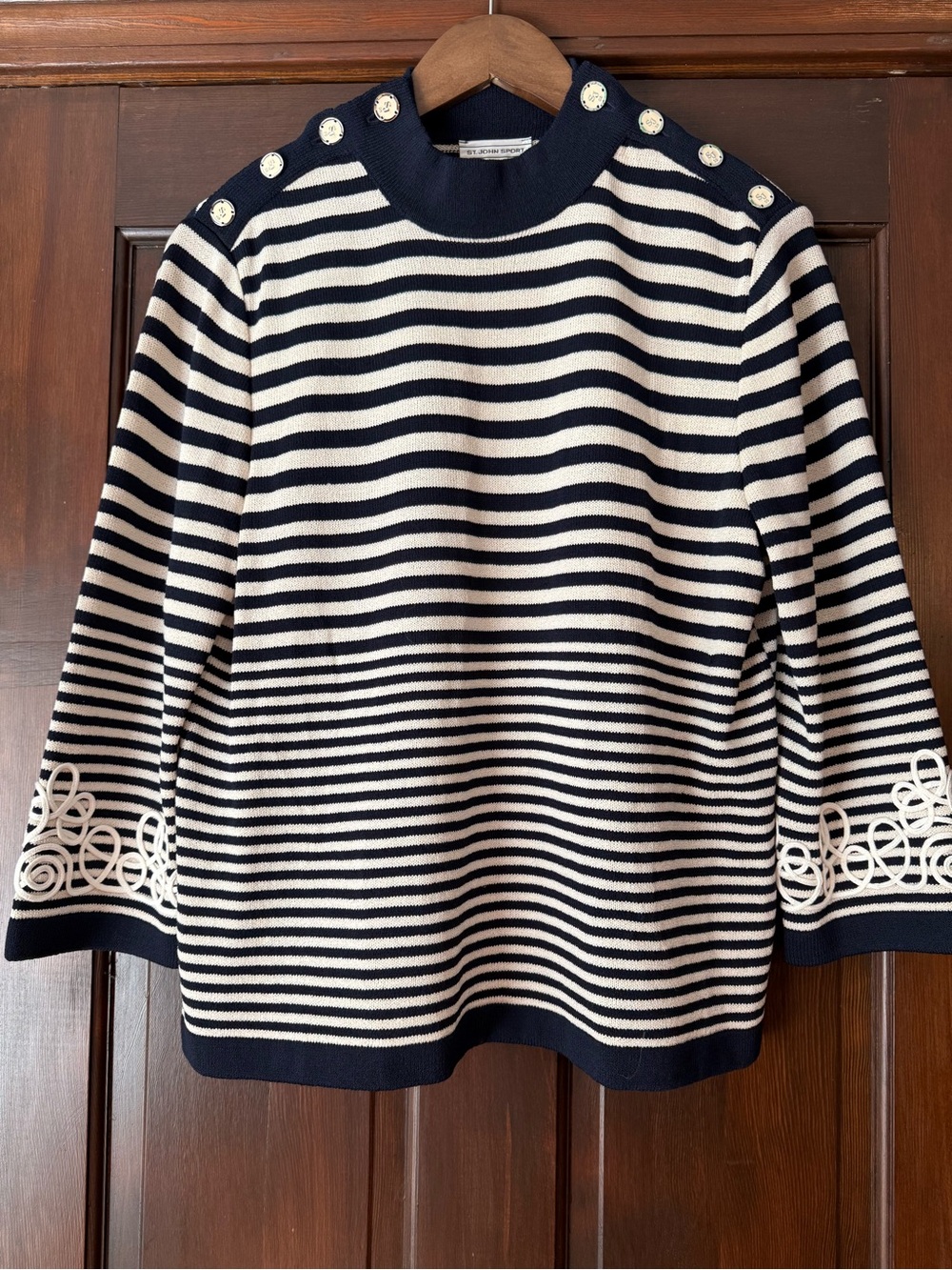 St John Sport Striped Navy and White Button-Shoulder Sweater